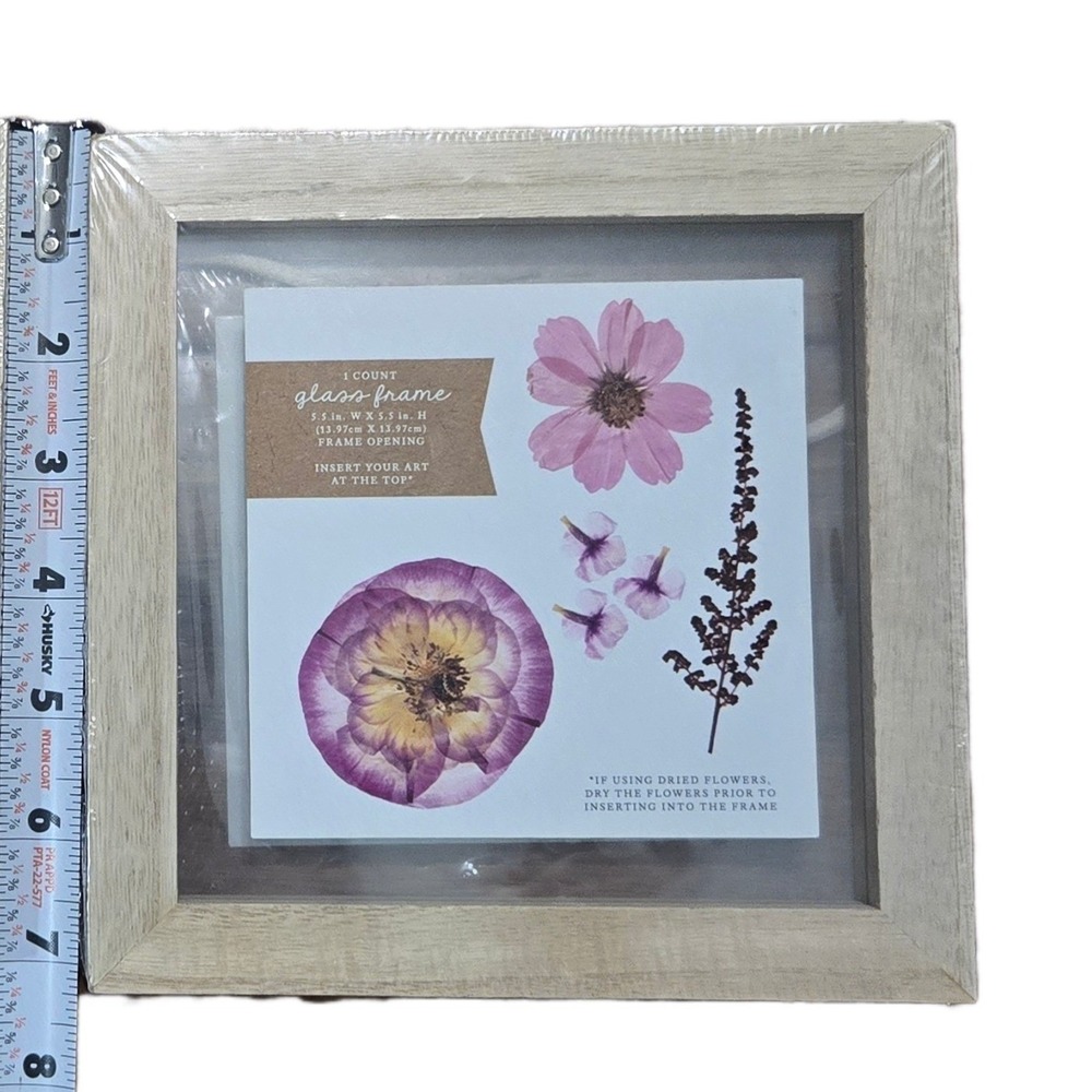 Natural Wood Glass Pressed Flower Floating Frames Set of 2 7x7in Cottagecore